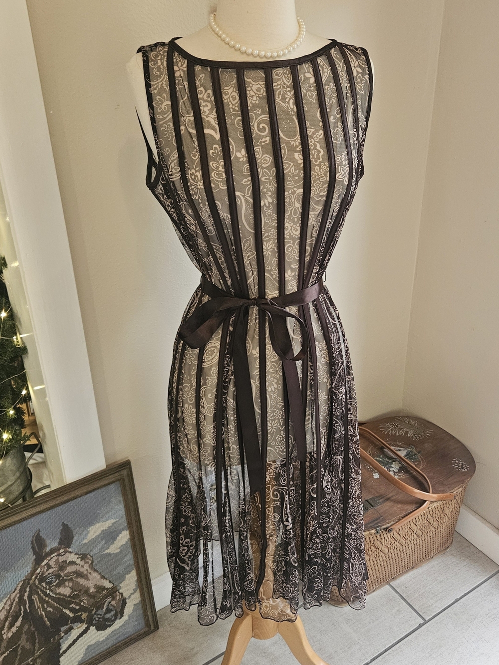 Sheer Lace Overlay Dress with Satin Waist Tie